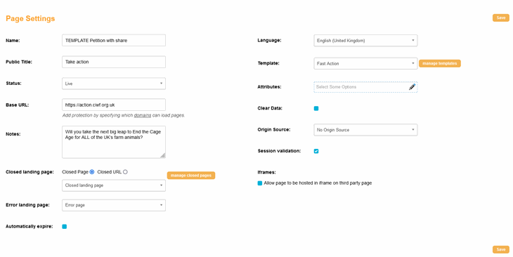 Action Page Settings