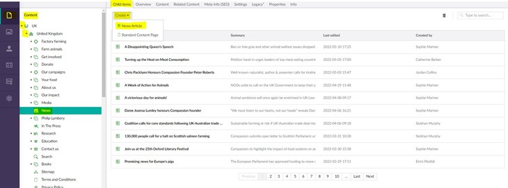 Screenshot of Umbraco creating content