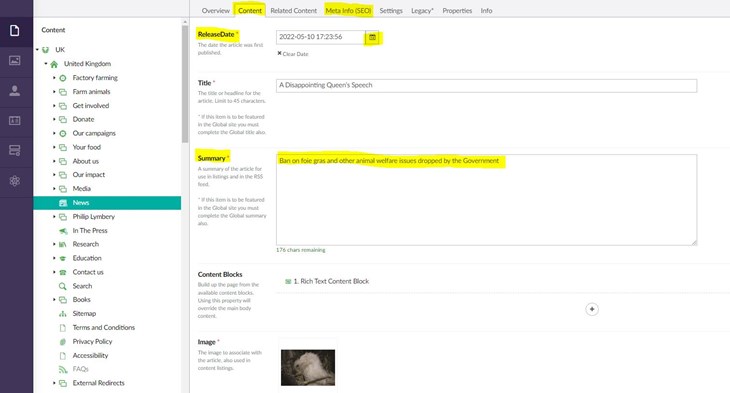 Screenshot of Umbraco with the Content Titles and release date highlighted