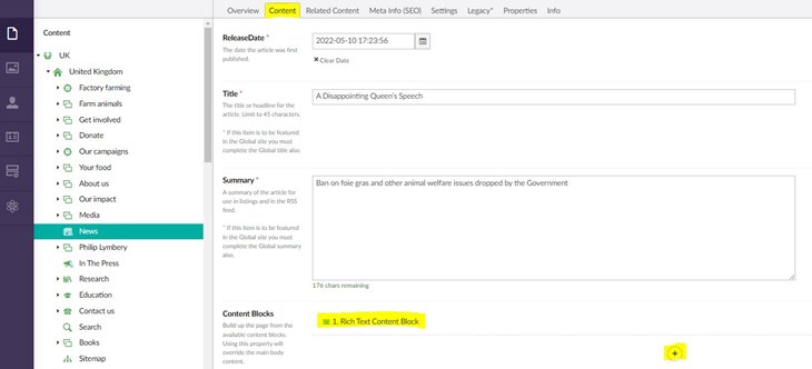 Screenshot in Umbraco of adding a content block