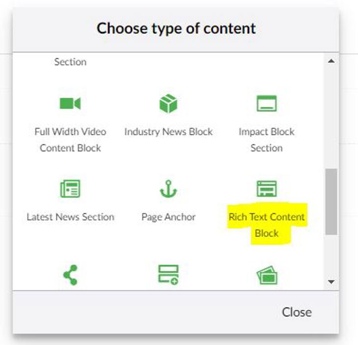Screenshot of selecting Rich Content Block