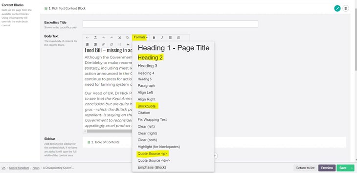 Screenshot of Umbraco highlighting how to add heading twos, quote source p and block quote