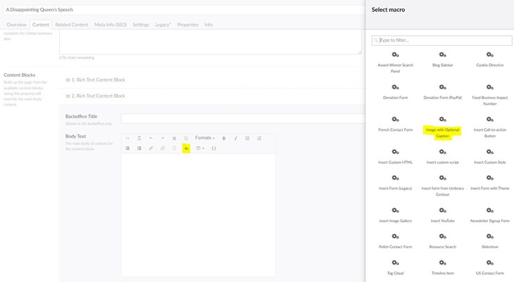 Screenshot of Umbraco adding an image using macro