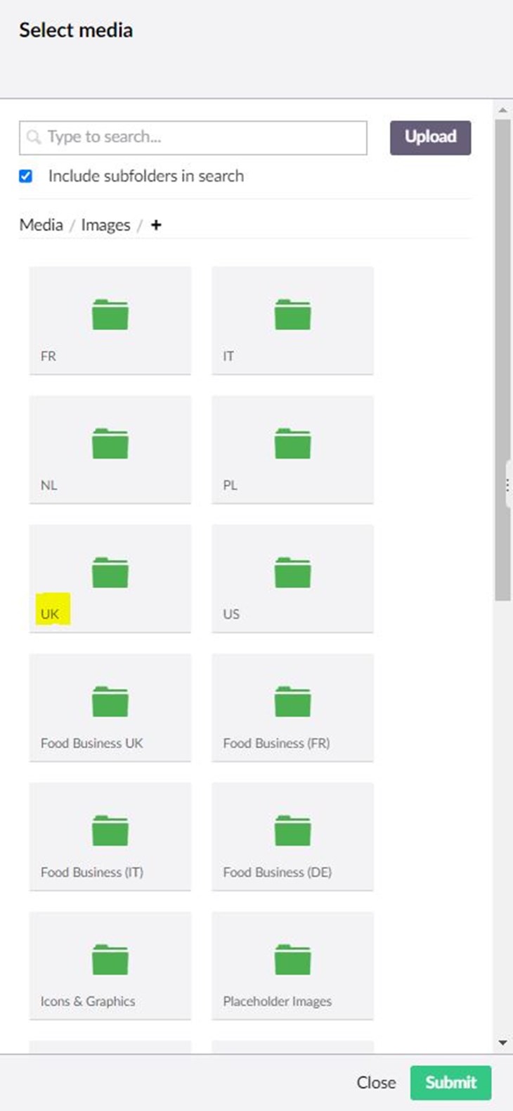 Umbraco screen shot of image country folder