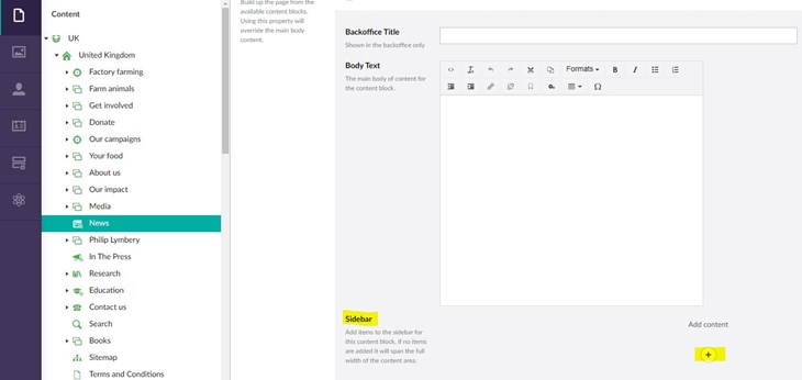 screenshot of adding a sidebar in Umbraco