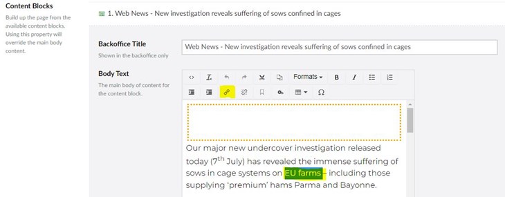 Screenshot of how to insert a link in Umbraco