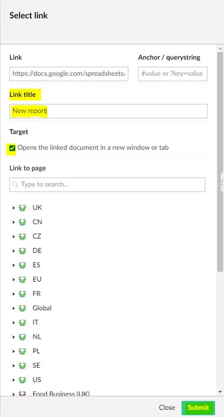 Screenshot of inserting a link in Umbraco