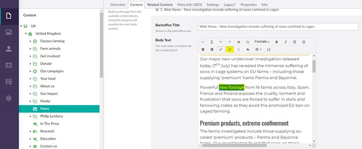 Screenshot of unlinking a link in Umbraco