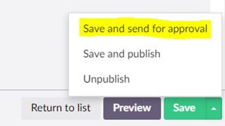 Screenshot of the Save and Send for approval buttons in Umbraco