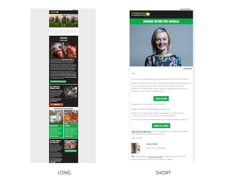 Two screenshots of two emails next to each other for comparison one longer and one shorter from Dot Digital