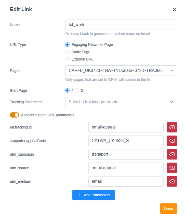 Completed tracking for Engaging Networks Page